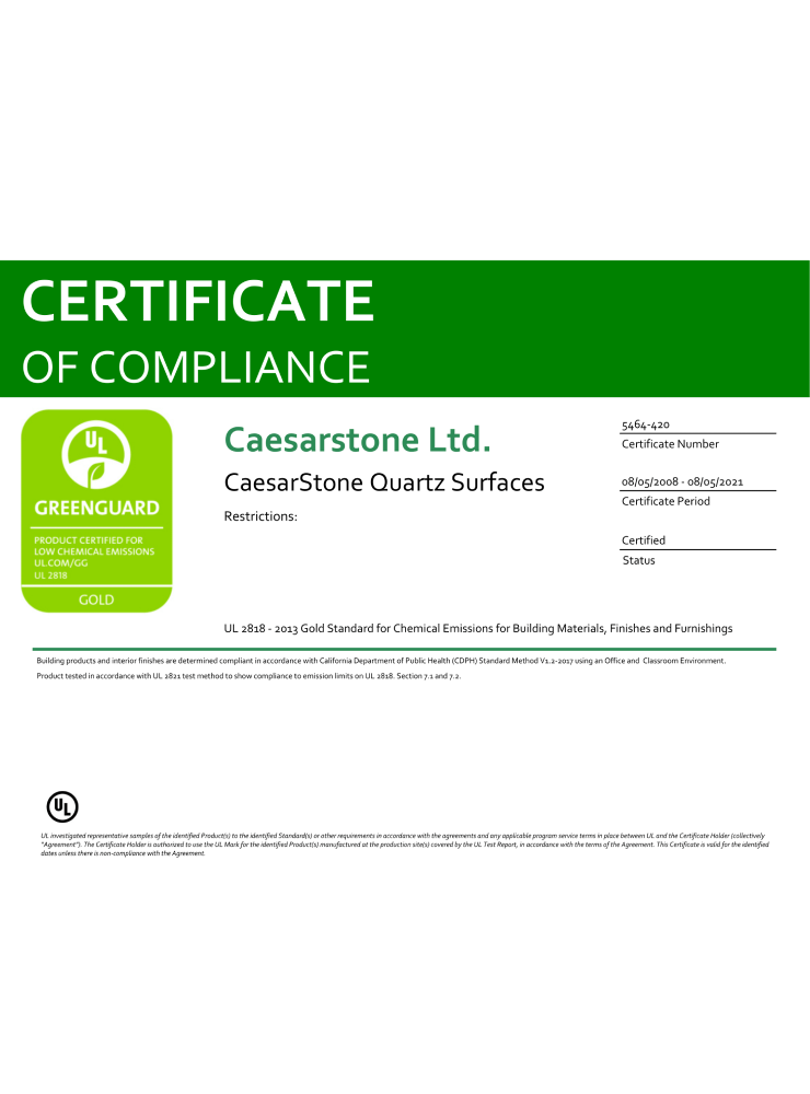 Caesarstone. Standardele GREENGUARD și GREENGUARD GOLD